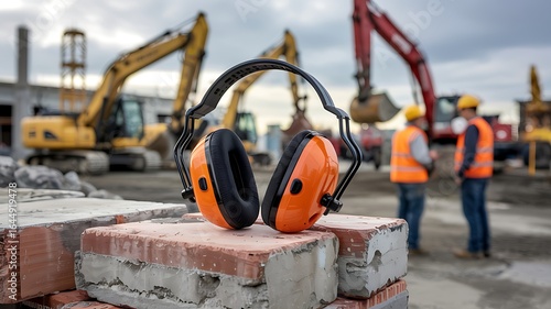 Wallpaper Mural Bright orange industrial earmuffs rest on a pile of bricks at a busy construction site with heavy machinery and workers in the background Torontodigital.ca