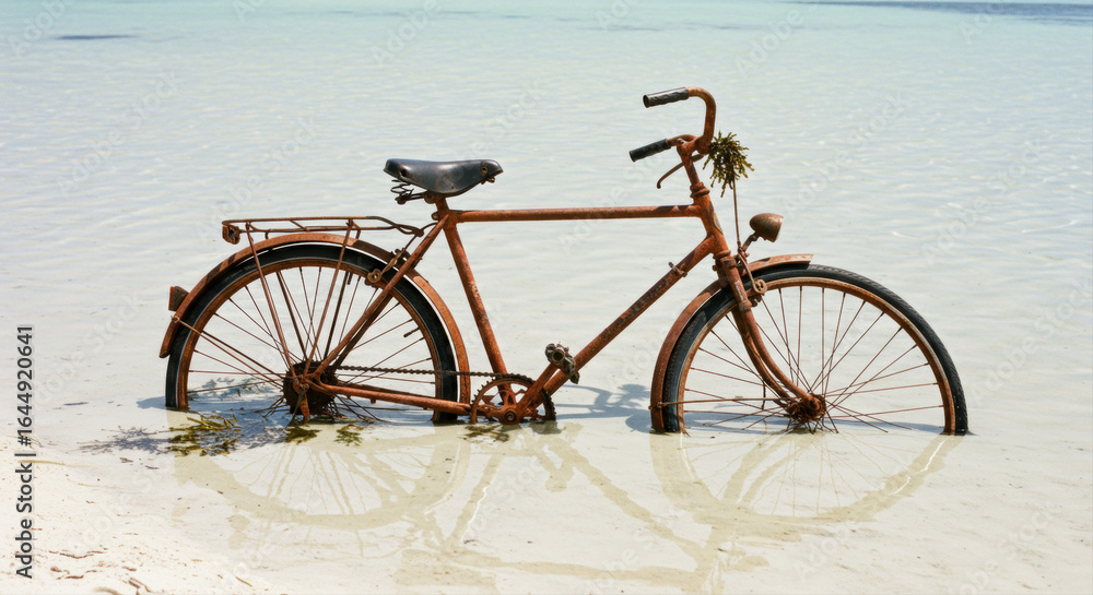 Fototapeta premium Rusty bicycle in shallow water on beach