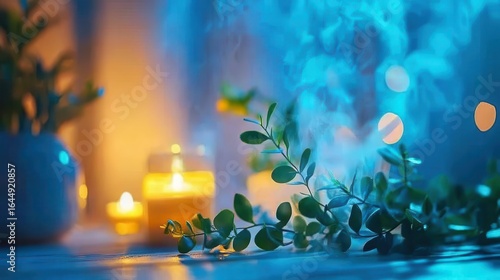 Tranquil Atmosphere with Candles, Plants, and Gentle Smoke Effects