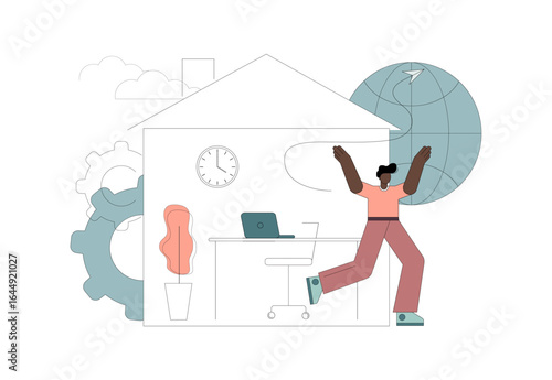 Leaving home. Stopping working remotely. Man running away from home isolation. Vector flat illustration.eps