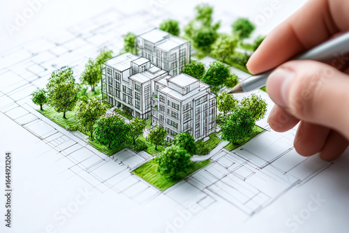 Urban planning sustainable city design green architecture hand drawing skyscrapers. Architect designing modern high-rise residential building area model.	