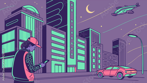 Illustration of futuristic cityscape with flying car, person using phone at night, urban scene design