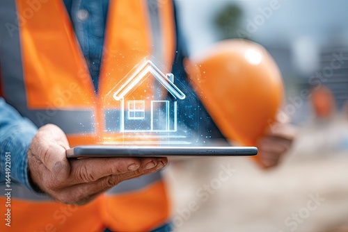 Construction worker holding tablet with projected house icon