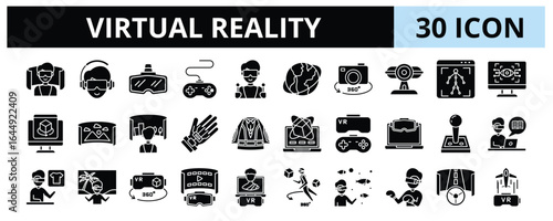 30 Virtual Reality Glyph Icons Vector - VR Gaming, VR camera, cyber eye vision, 3D object, VR Cinema, VR Gaming PC