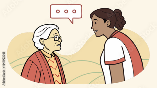 Illustration of intergenerational communication between young and elderly woman conversation dialogue exchange