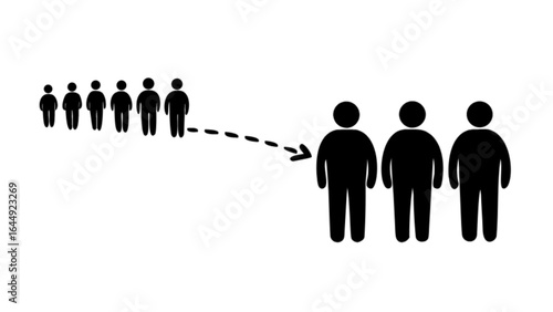 Weight gain progression obesity concept stick figures showing increase in size and body mass index bmi growth
