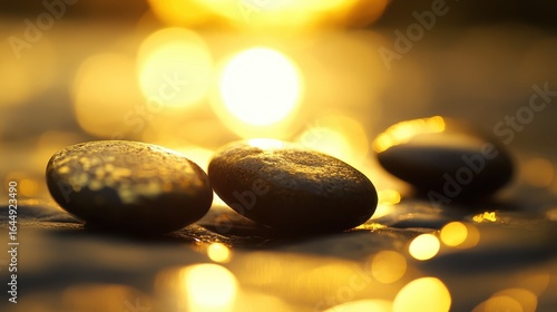 Tranquil Sunset Over Smooth Stones with Glimmering Bokeh Effect