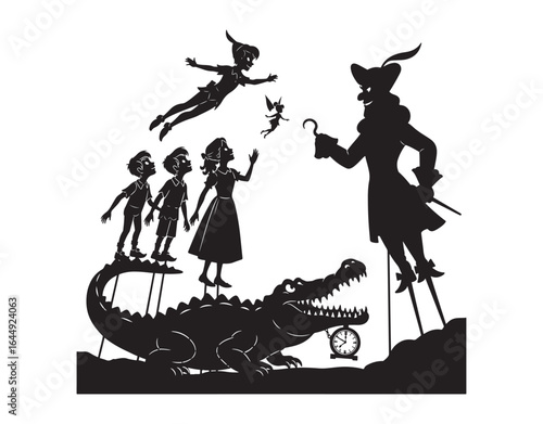 Silhouettes of Peter Pan, along with a girl, boys, Captain Hook, Tinker Bell, and a Crocodile, set against a white backdrop. Telling the story of Peter Pan.