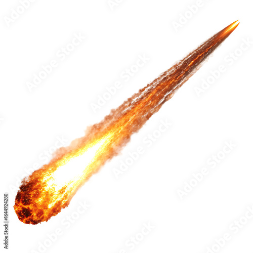 A single fiery meteor or asteroid falling down isolated on a transparent background png