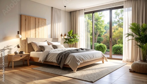 Sunlit bedroom with wooden bed  light neutral tones  and garden view
