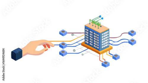 Isometric data center network diagram with hand connection and server infrastructure management concept design