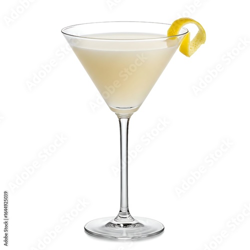 A close-up of a cocktail in a martini glass, showing its creamy color and decorative lemon peel