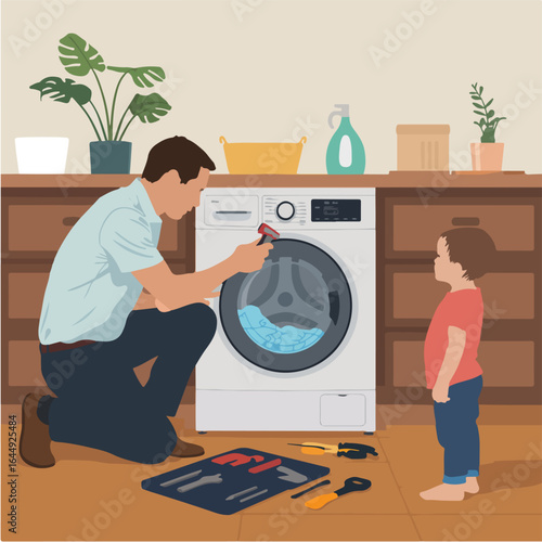 A man repairing a washing machine with a child watching him in a laundry room with plants nearby