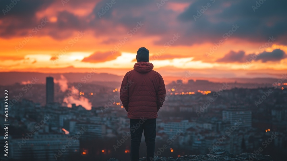 Fototapeta premium Man looking at the cityscape in the evening