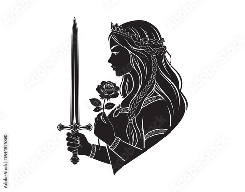 a queen or princess warrior from a fairy tale, featuring a rose flower, a stylish sword, and long hair in a medieval style, all in a black and white vector silhouette portrait

