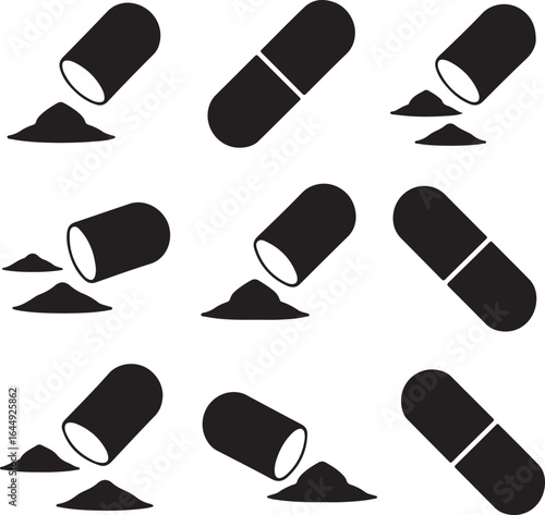 Black capsule and powder icons medicine health