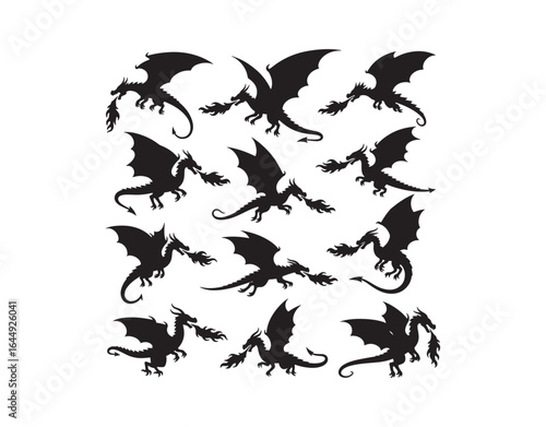 Silhouettes of dragons. Flying, fire-breathing reptiles, medieval dragon characters. A flat vector illustration set of fairy dragon silhouettes.

