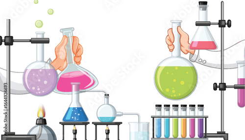 Hands Mixing Colorful Chemicals in Laboratory Glassware