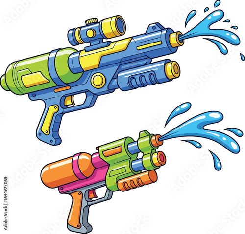 Colorful Water Guns Spraying Streams Vector