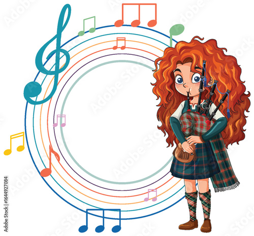 Red-Haired Girl Playing Bagpipes with Musical Notes