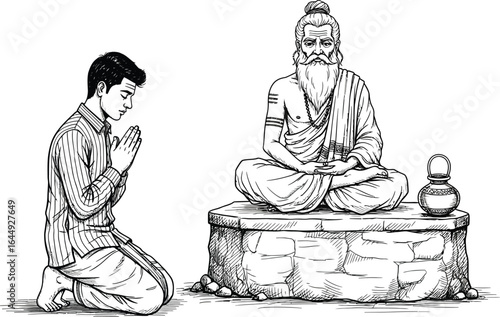 A man kneeling in prayer before a seated guru statue on a stone platform