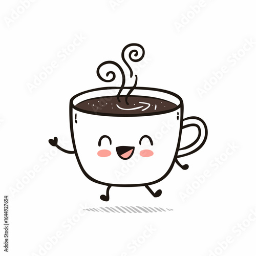 A cheerful coffee cup doodle dancing with a happy little face.