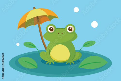 cartoon frog with an umbrella on a lily pad  .eps