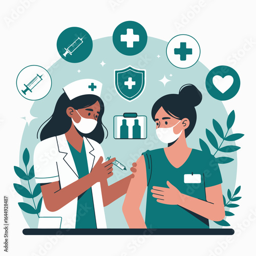 Nurse administering vaccine to patient with medical symbols and foliage in background illustration