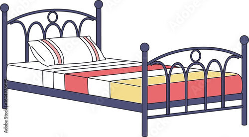 Illustration of a blue metal bed frame with a pillow and colorful blanket