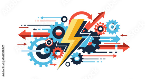 Dynamic gears and arrows with lightning bolt convey power and momentum for business innovation