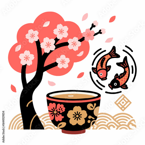Japanese Tea Ceremony Illustration with Koi Fish and Cherry Blossoms
