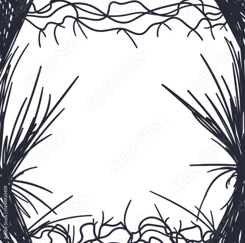A dark, linear frame with protruding sharp branches or long thorns.