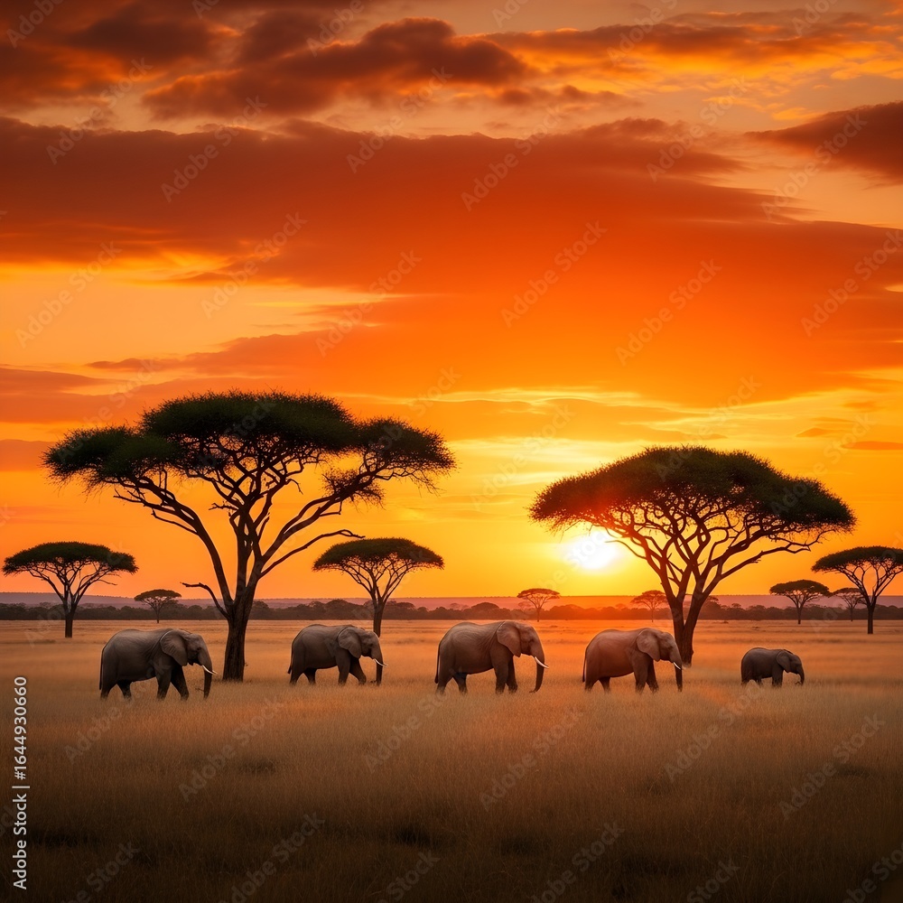 Fototapeta premium African Savanna Sunset with Elephants and Fiery Sky