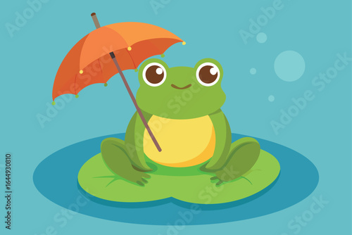 cartoon frog with an umbrella on a lily pad  .eps