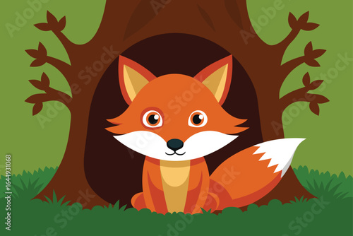 curious red fox peeking out of a tree hollow  .eps