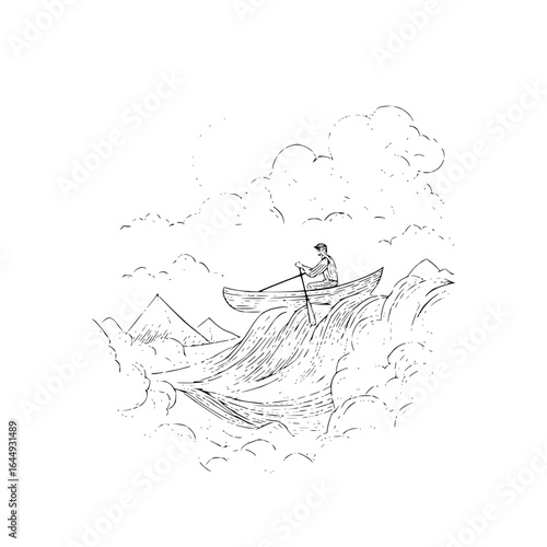 Man rowing boat river adventure travel landscape mountain clouds journey scenic outdoors exploration line art drawing