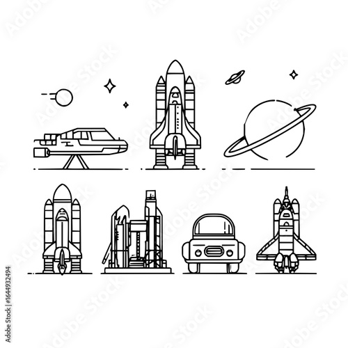Space shuttle rocket spaceship cosmos exploration vehicle astronomy science transport future travel outline icon set