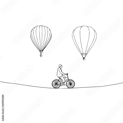 Hot air balloons and bicycle line art illustration vector graphic design adventure travel recreation sport drawing ride