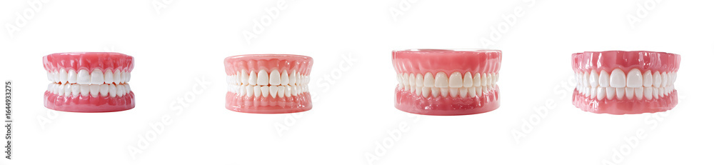 Obraz premium Four realistic dental prosthetics displayed against a black background, cut out transparent