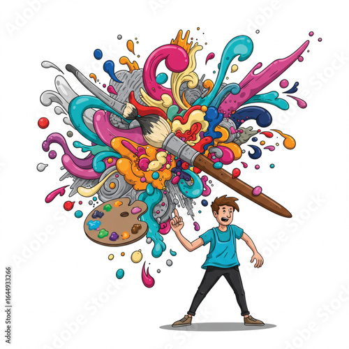 A determined cartoon artist wields a giant paintbrush, creating a vibrant explosion of colorful abstract paint. 6676