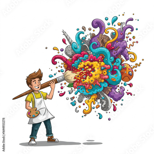 A determined cartoon artist wields a giant paintbrush, creating a vibrant explosion of colorful abstract paint. 78
