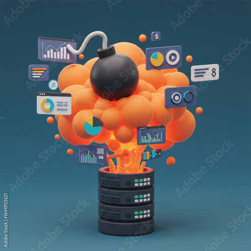 A cartoon bomb explodes from a server, representing a data breach, system failure, or information overload amidst floating charts and graphs.