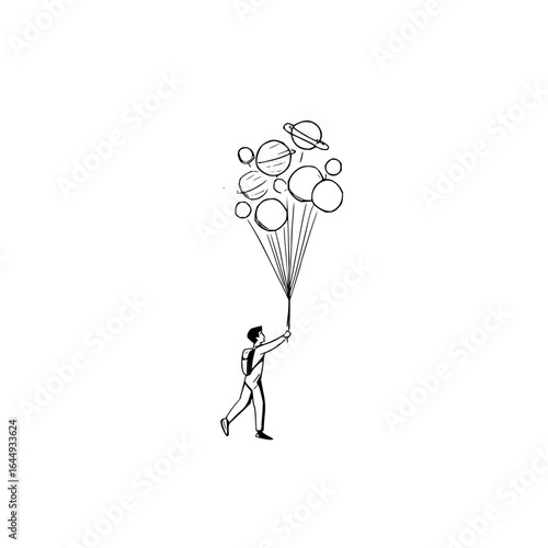 Man walking holding planet balloons drawing illustration black and white space travel adventure imagination concept