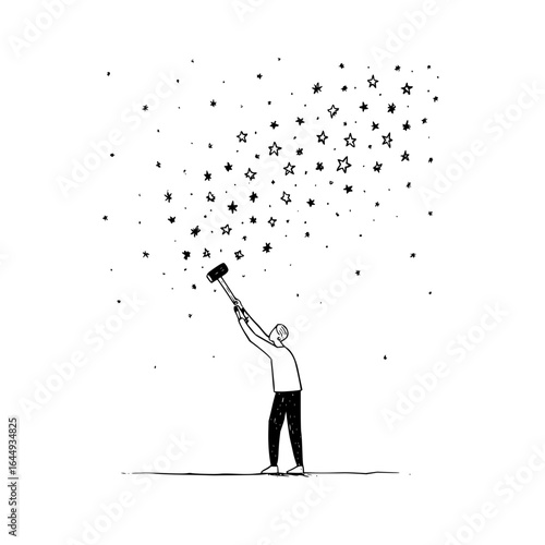 Man hitting stars with hammer creating a starry night sky illustration art drawing sketch design black and white