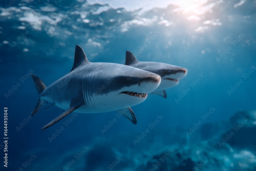 Fototapeta premium Two sharks swimming in clear ocean water under sunlight