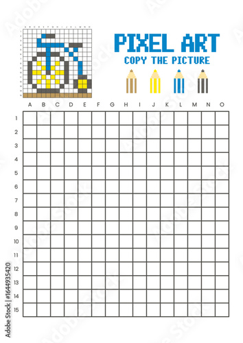 Copy the picture grid drawing worksheet for kids. Pixel art penny farthing bicycle