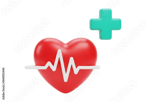 Health Symbol Depicting a Red Heart with White Pulse Line and a Green Cross on a Black Background Representing Healthcare and Medicine