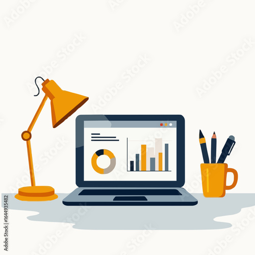 Simple, colorful vector illustration of a laptop and study lamp