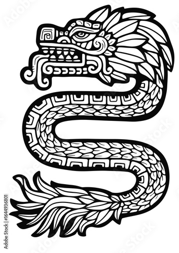Vector illustration of Quetzalcoatl, the Aztec feathered serpent god. Black and white mythological symbol for a tribal tattoo or modern logo design.