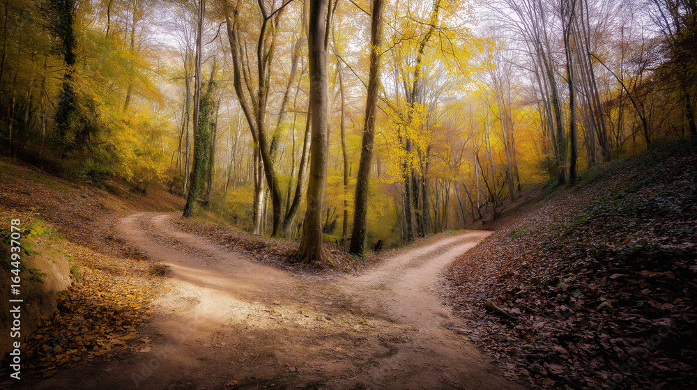 Obraz premium A forked path through a golden autumn forest, symbolizing life's choices under soft sunlight.